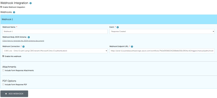 Webhook Integration Settings